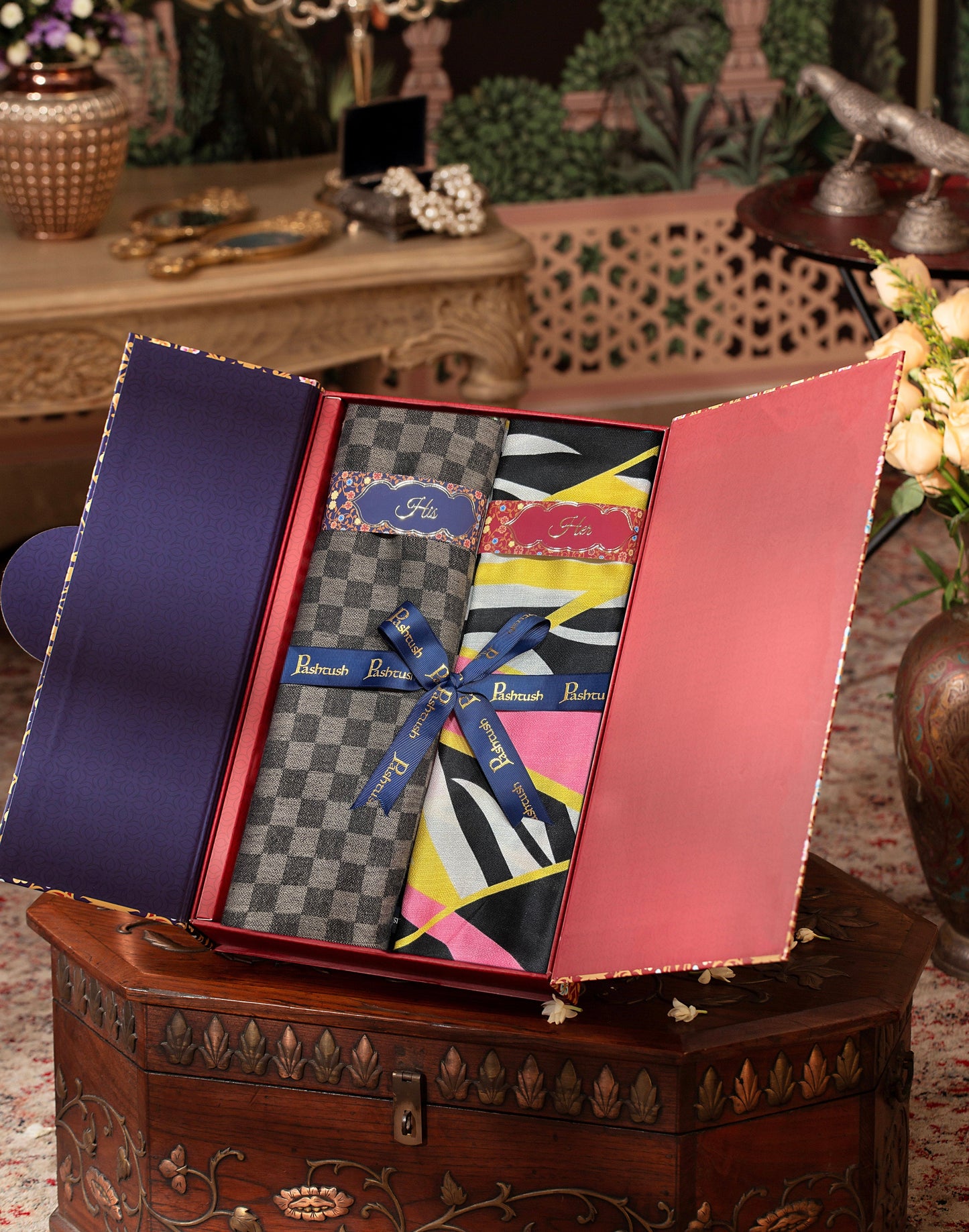 Pashtush India Gift Pack Pashtush His And Her Set Of Mens Fine Wool Stole and Womens Bamboo Stole, Premium Gift Box Packaging, Black and Multicolour