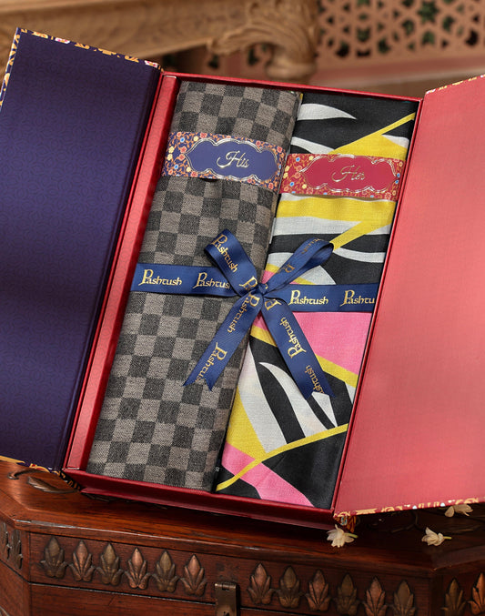 Pashtush India Gift Pack Pashtush His And Her Set Of Mens Fine Wool Stole and Womens Bamboo Stole, Premium Gift Box Packaging, Black and Multicolour