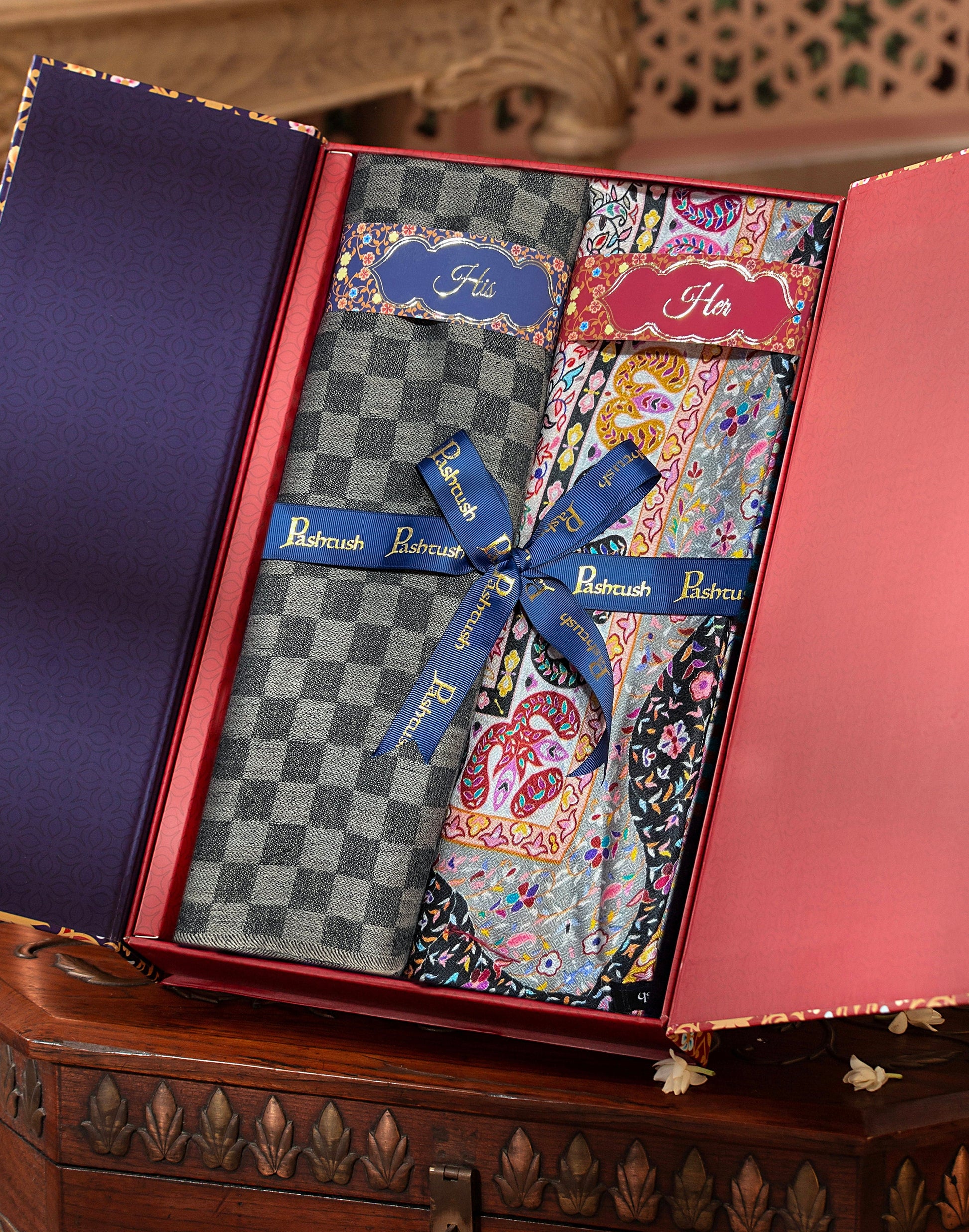 Pashtush India Gift Pack Pashtush His And Her Set Of Mens Fine Wool Stole and Womens Bamboo Stole, Premium Gift Box Packaging, Black and Multicolour