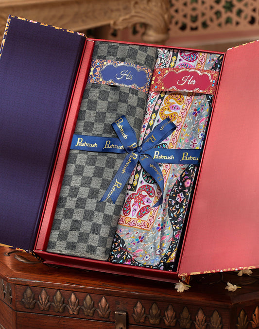 Pashtush India Gift Pack Pashtush His And Her Set Of Mens Fine Wool Stole and Womens Bamboo Stole, Premium Gift Box Packaging, Black and Multicolour