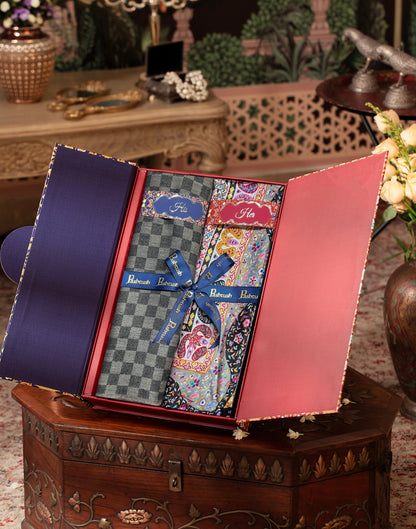 Pashtush India Gift Pack Pashtush His And Her Set Of Mens Fine Wool Stole and Womens Bamboo Stole, Premium Gift Box Packaging, Black and Multicolour