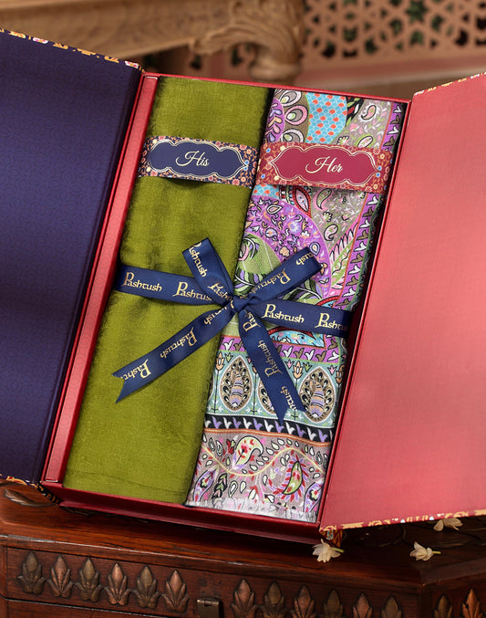Pashtush India Gift Pack Pashtush His And Her Set Of Mens Fine Wool Stole and Womens Bamboo Stole, Premium Gift Box Packaging, Green and Multicolour