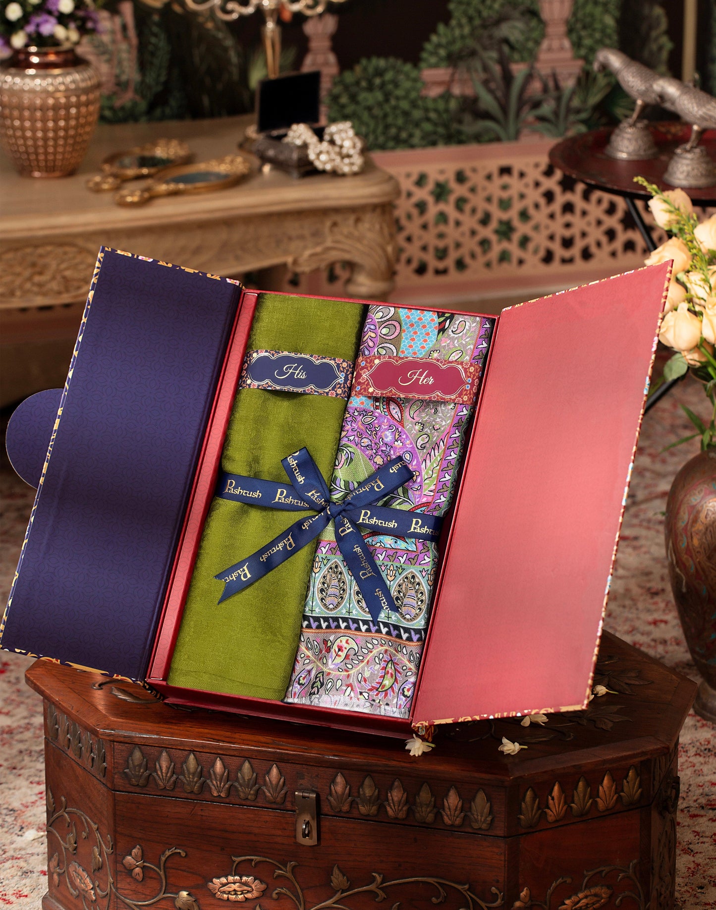 Pashtush India Gift Pack Pashtush His And Her Set Of Mens Fine Wool Stole and Womens Bamboo Stole, Premium Gift Box Packaging, Green and Multicolour
