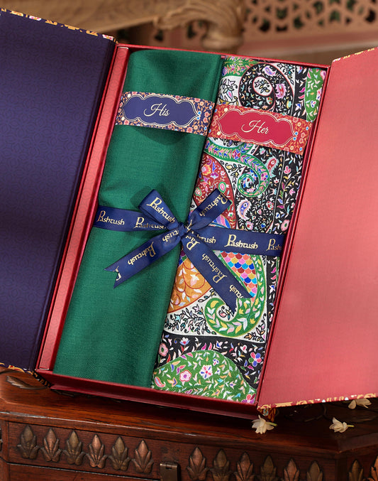 Pashtush India Gift Pack Pashtush His And Her Set Of Mens Fine Wool Stole and Womens Bamboo Stole, Premium Gift Box Packaging, Green and Multicolour