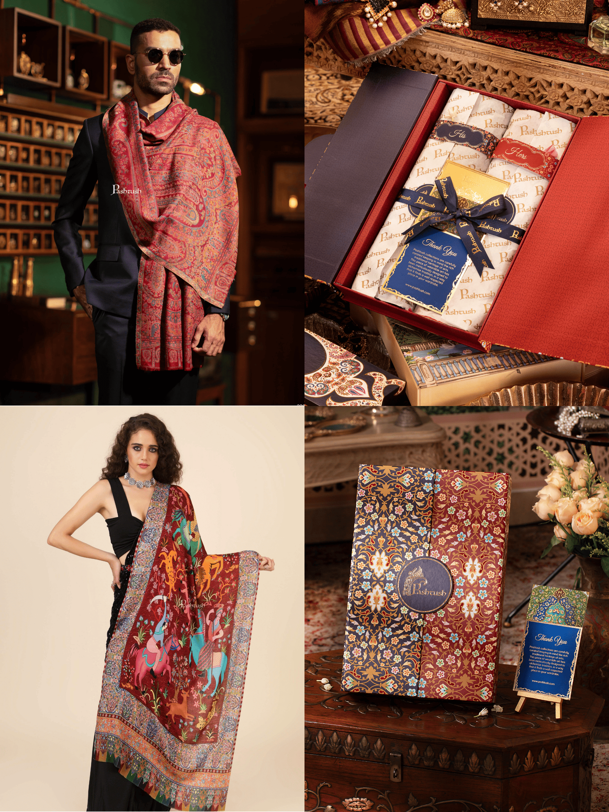 Pashtush India Gift Pack Pashtush His And Her Set Of Mens Fine Wool Stole and Womens Bamboo Stole, Premium Gift Box Packaging, Maroon and Multicolour