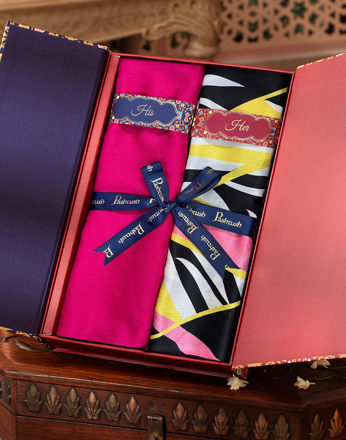 Pashtush India Gift Pack Pashtush His And Her Set Of Mens Fine Wool Stole and Womens Bamboo Stole, Premium Gift Box Packaging, Pink and Multicolour