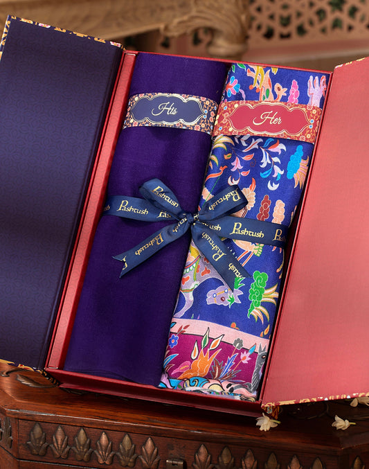 Pashtush India Gift Pack Pashtush His And Her Set Of Mens Fine Wool Stole and Womens Bamboo Stole, Premium Gift Box Packaging, Purple and Multicolour