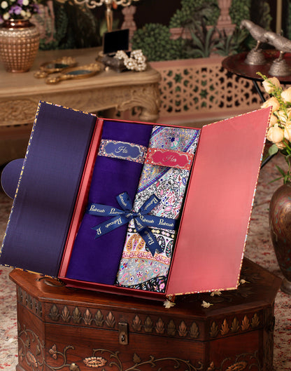 Pashtush India Gift Pack Pashtush His And Her Set Of Mens Fine Wool Stole and Womens Bamboo Stole, Premium Gift Box Packaging, Purple and Multicolour