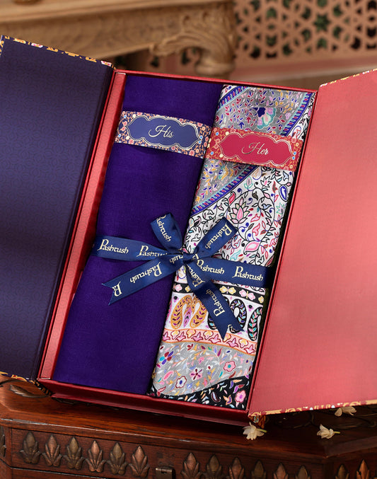 Pashtush India Gift Pack Pashtush His And Her Set Of Mens Fine Wool Stole and Womens Bamboo Stole, Premium Gift Box Packaging, Purple and Multicolour