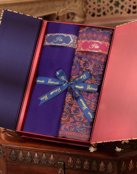 Pashtush India Gift Pack Pashtush His And Her Set Of Mens Fine Wool Stole and Womens Bamboo Stole, Premium Gift Box Packaging, Purple and Taupe