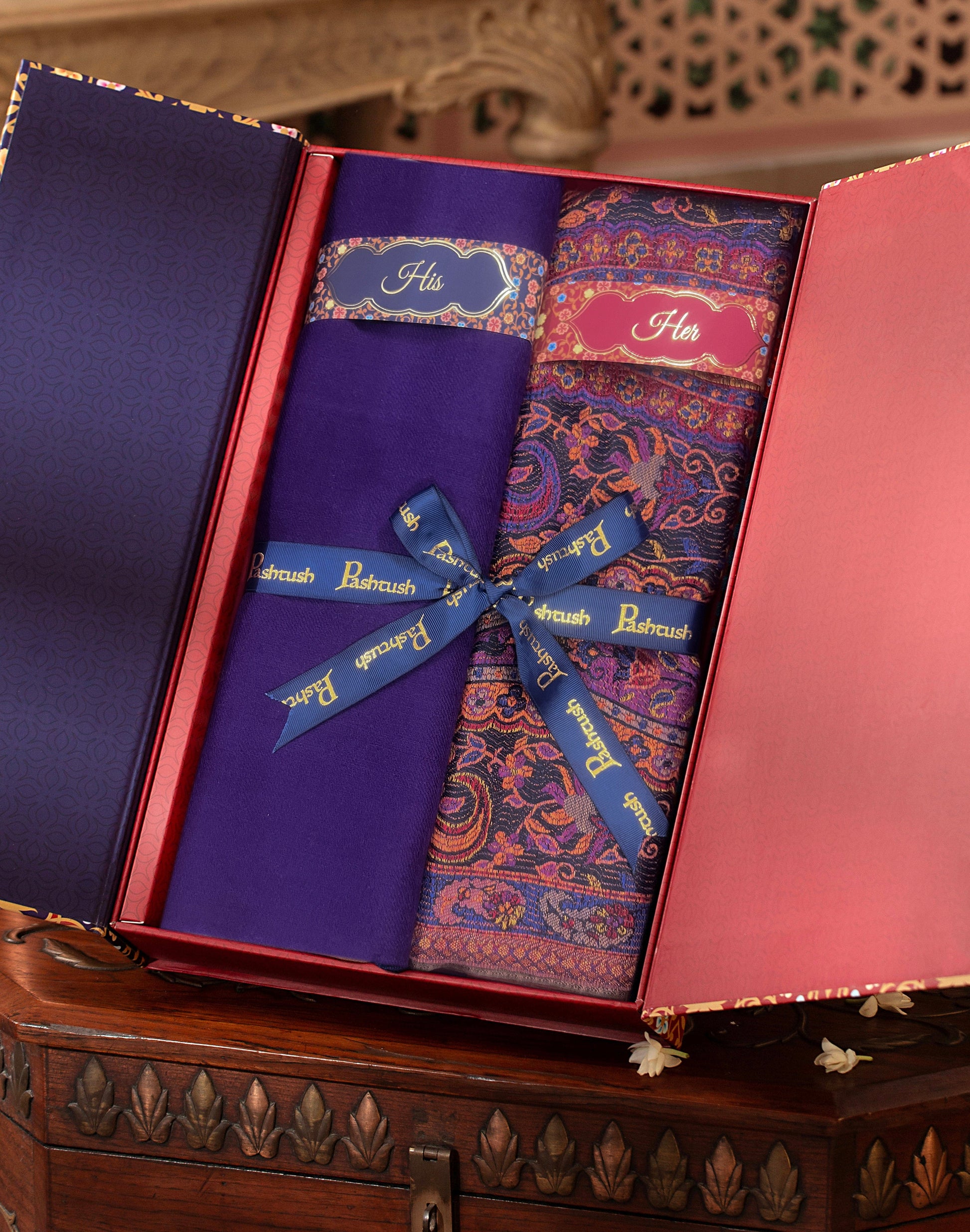 Pashtush India Gift Pack Pashtush His And Her Set Of Mens Fine Wool Stole and Womens Bamboo Stole, Premium Gift Box Packaging, Purple and Taupe