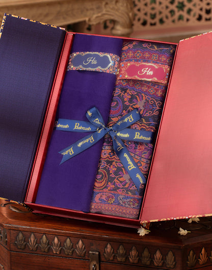Pashtush India Gift Pack Pashtush His And Her Set Of Mens Fine Wool Stole and Womens Bamboo Stole, Premium Gift Box Packaging, Purple and Taupe