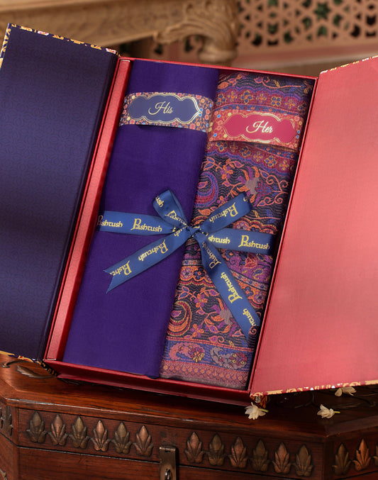 Pashtush India Gift Pack Pashtush His And Her Set Of Mens Fine Wool Stole and Womens Bamboo Stole, Premium Gift Box Packaging, Purple and Taupe
