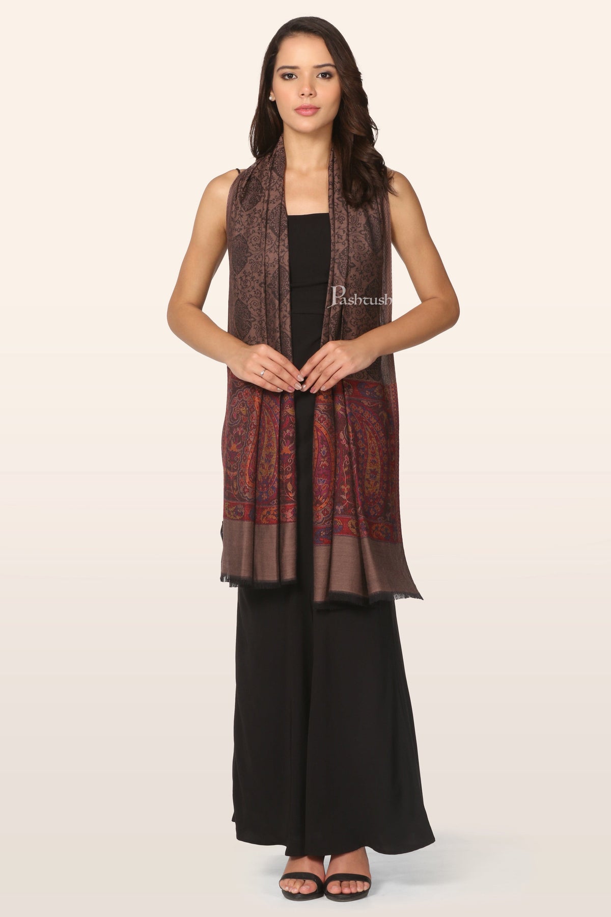 Pashtush India Gift Pack Pashtush His And Her Set Of Mens Fine Wool Stole and Womens Bamboo Stole, Premium Gift Box Packaging, Purple and Taupe