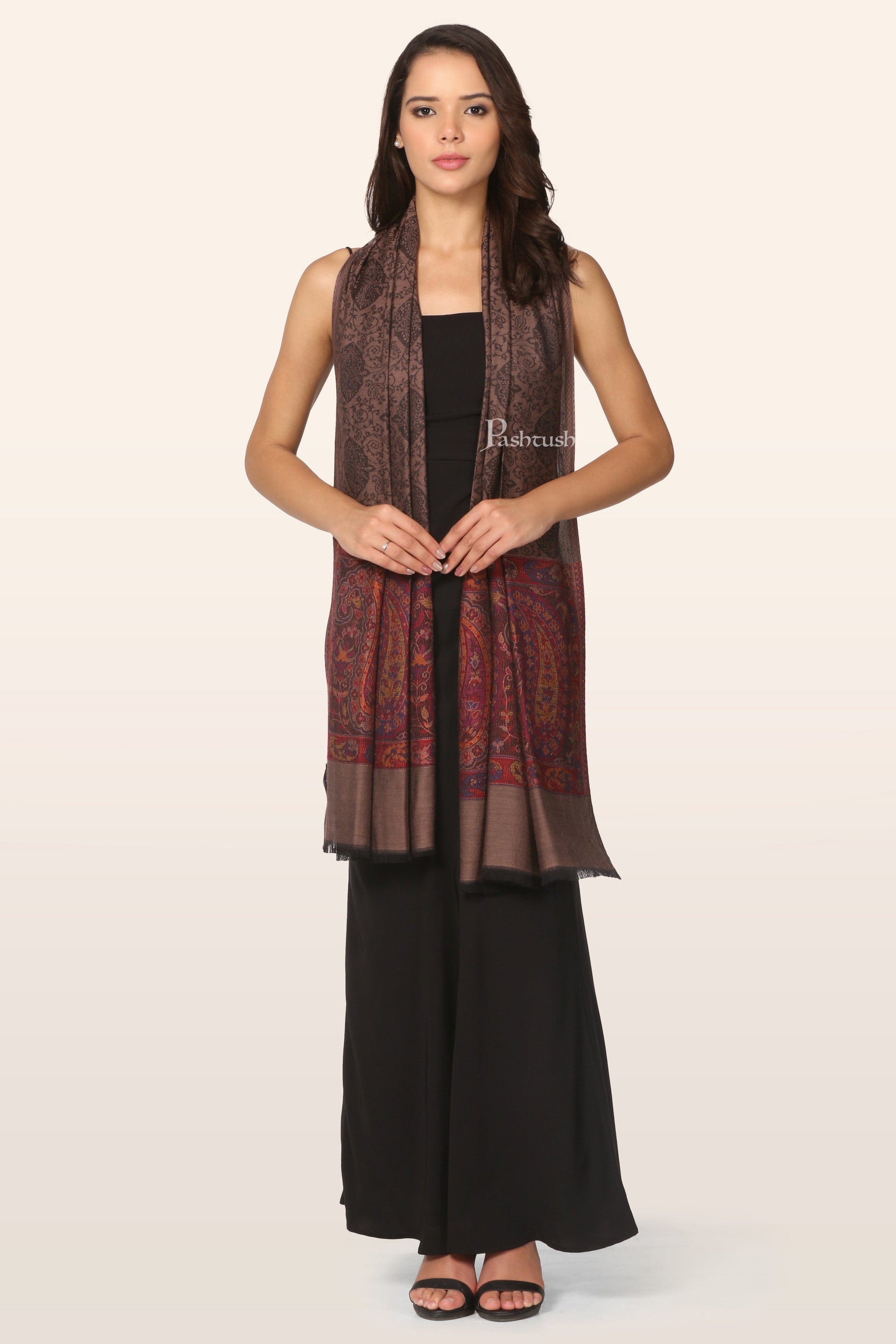 Pashtush India Gift Pack Pashtush His And Her Set Of Mens Fine Wool Stole and Womens Bamboo Stole, Premium Gift Box Packaging, Purple and Taupe