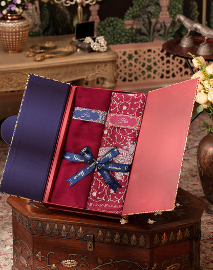 Pashtush India Gift Pack Pashtush His And Her Set Of Mens Fine Wool Stole and Womens Embroidery Shawl, Premium Gift Box Packaging, Maroon