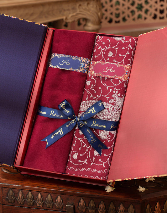 Pashtush India Gift Pack Pashtush His And Her Set Of Mens Fine Wool Stole and Womens Embroidery Shawl, Premium Gift Box Packaging, Maroon