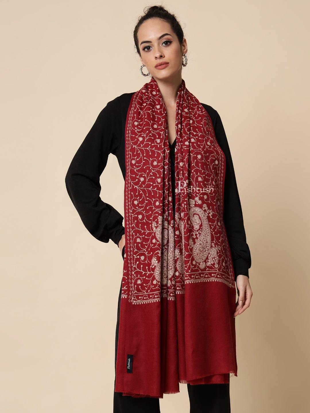 Pashtush India Gift Pack Pashtush His And Her Set Of Mens Fine Wool Stole and Womens Embroidery Shawl, Premium Gift Box Packaging, Maroon