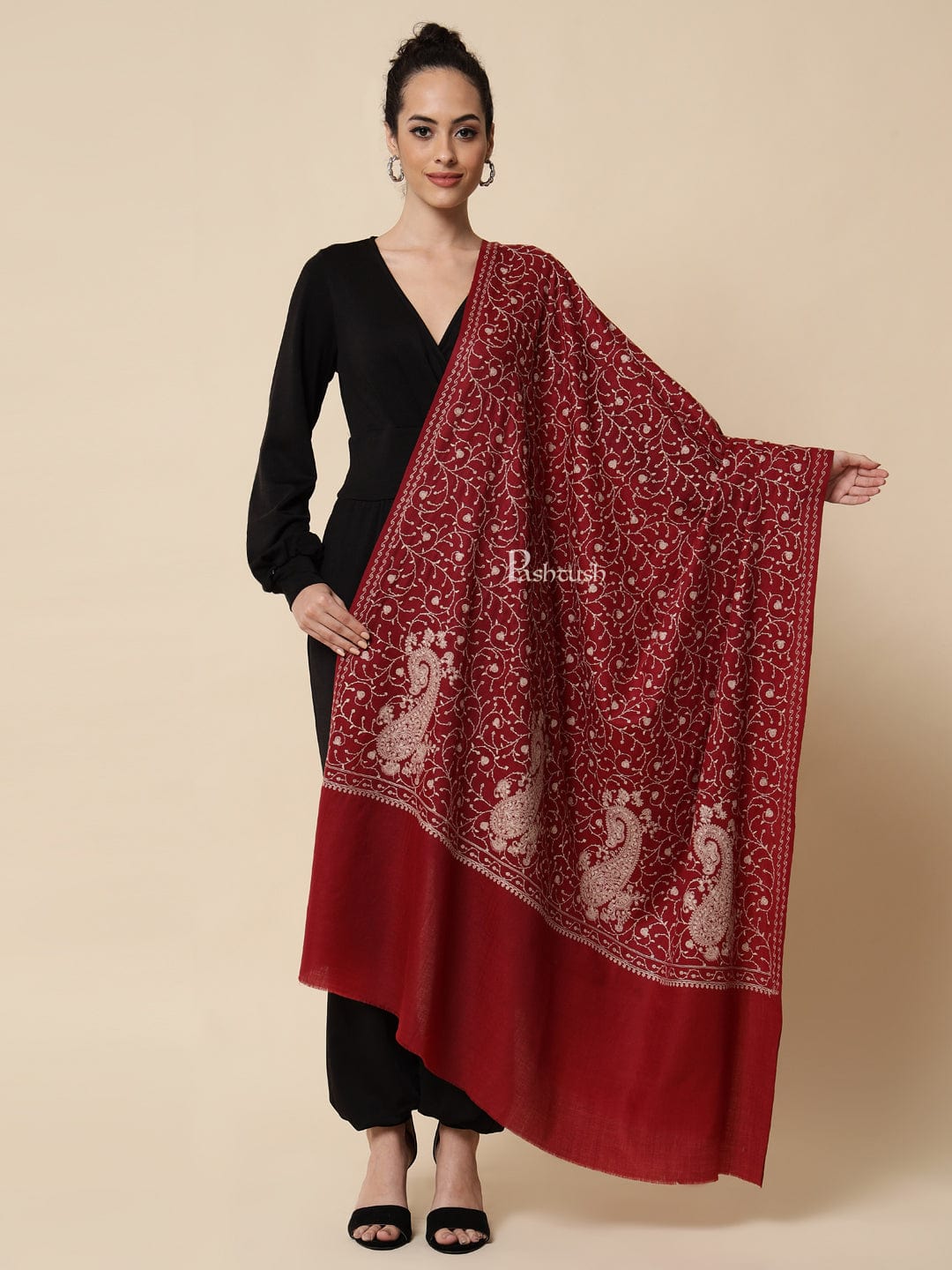 Pashtush India Gift Pack Pashtush His And Her Set Of Mens Fine Wool Stole and Womens Embroidery Shawl, Premium Gift Box Packaging, Maroon