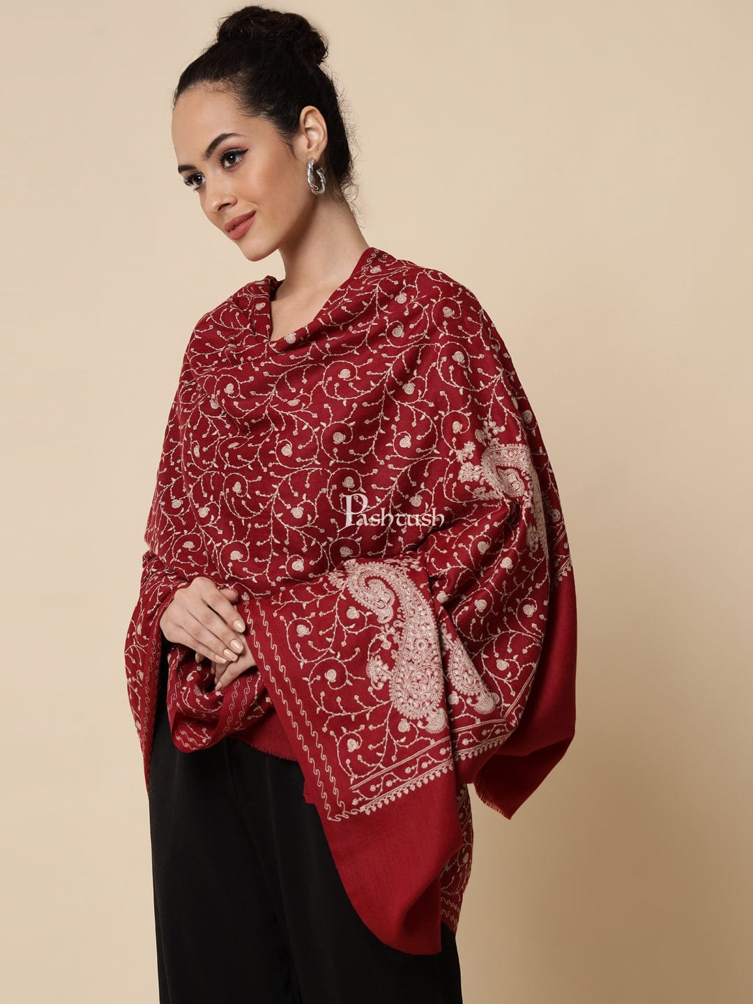 Pashtush India Gift Pack Pashtush His And Her Set Of Mens Fine Wool Stole and Womens Embroidery Shawl, Premium Gift Box Packaging, Maroon