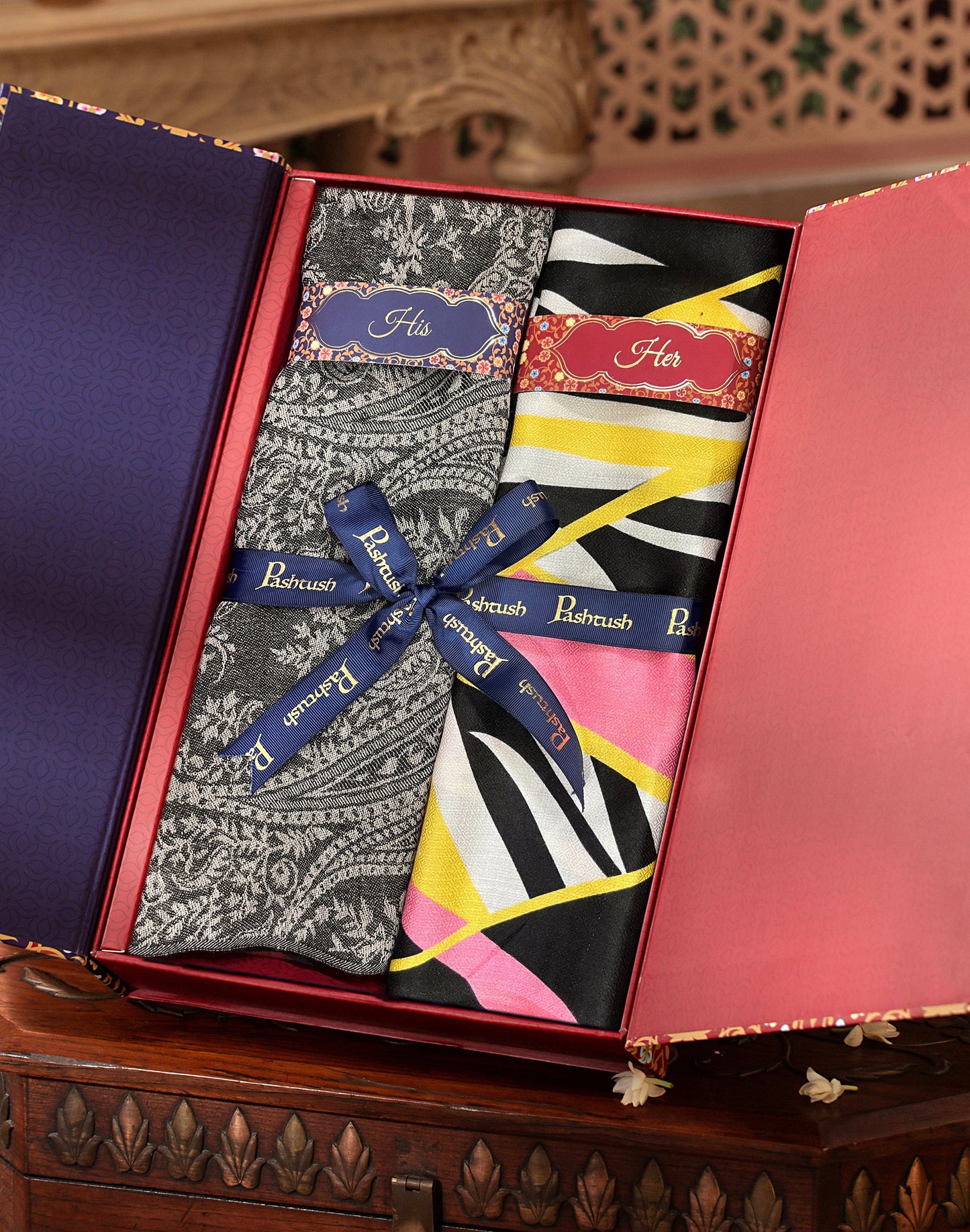 Pashtush India Gift Pack Pashtush His And Her Set Of Mens Fine Wool Stole and Womens Extra Soft Bamboo Stole, Premium Gift Box Packaging, Black and Multicolour