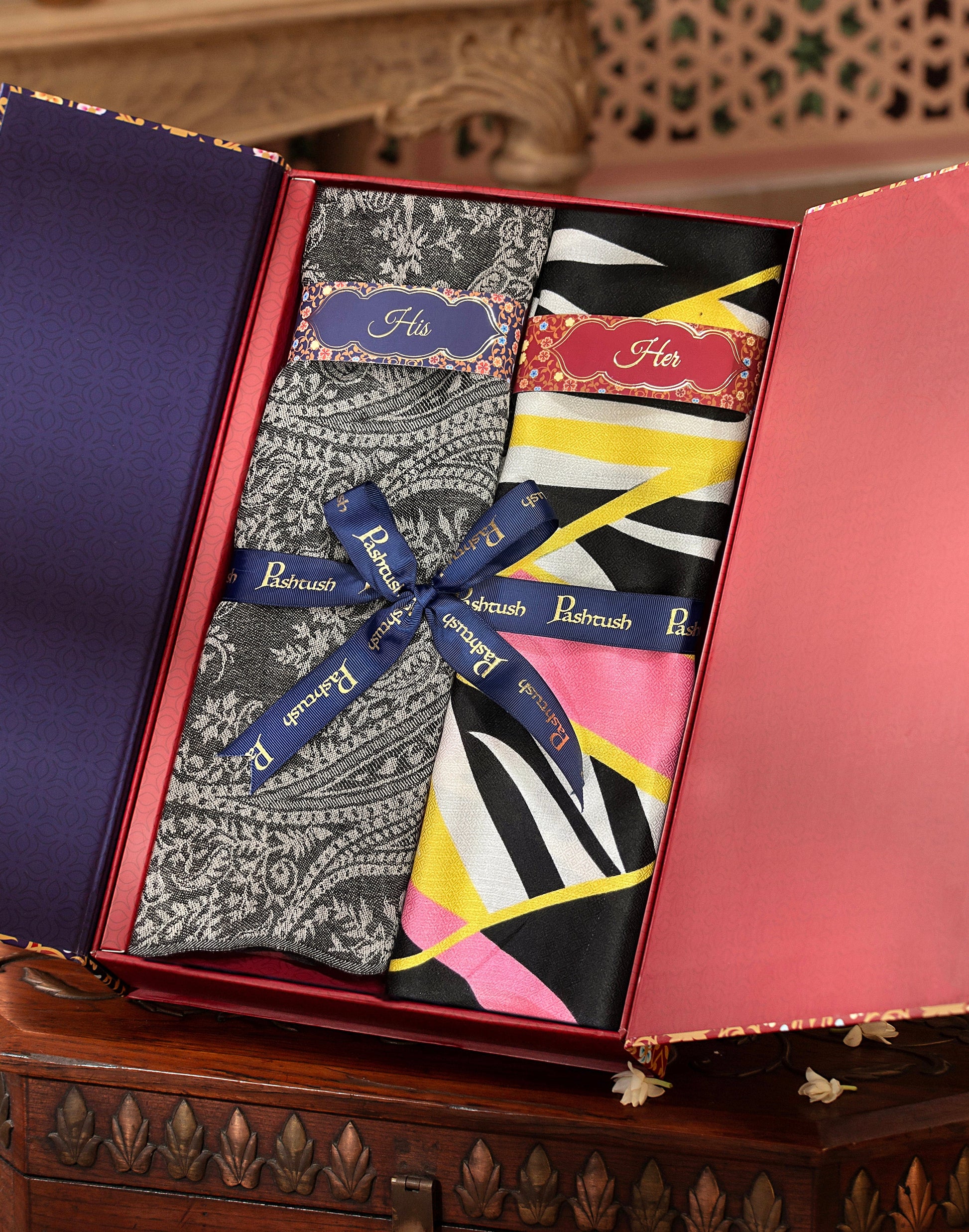 Pashtush India Gift Pack Pashtush His And Her Set Of Mens Fine Wool Stole and Womens Extra Soft Bamboo Stole, Premium Gift Box Packaging, Black and Multicolour