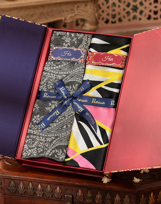Pashtush India Gift Pack Pashtush His And Her Set Of Mens Fine Wool Stole and Womens Extra Soft Bamboo Stole, Premium Gift Box Packaging, Black and Multicolour