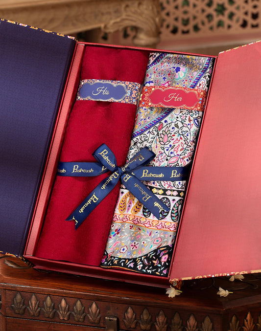 Pashtush India Gift Pack Pashtush His And Her Set Of Mens Fine Wool Stole and Womens Extra Soft Bamboo Stole, Premium Gift Box Packaging, Maroon and Multicolour