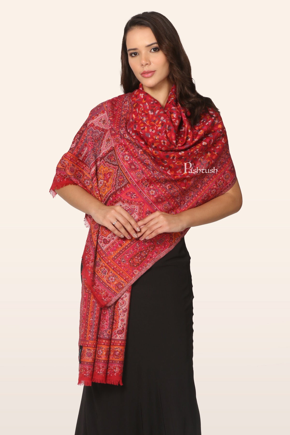 Pashtush India Gift Pack Pashtush His And Her Set Of Mens Fine Wool Stole and Womens Faux Pashmina Stole, Premium Gift Box Packaging, Beige and Maroon