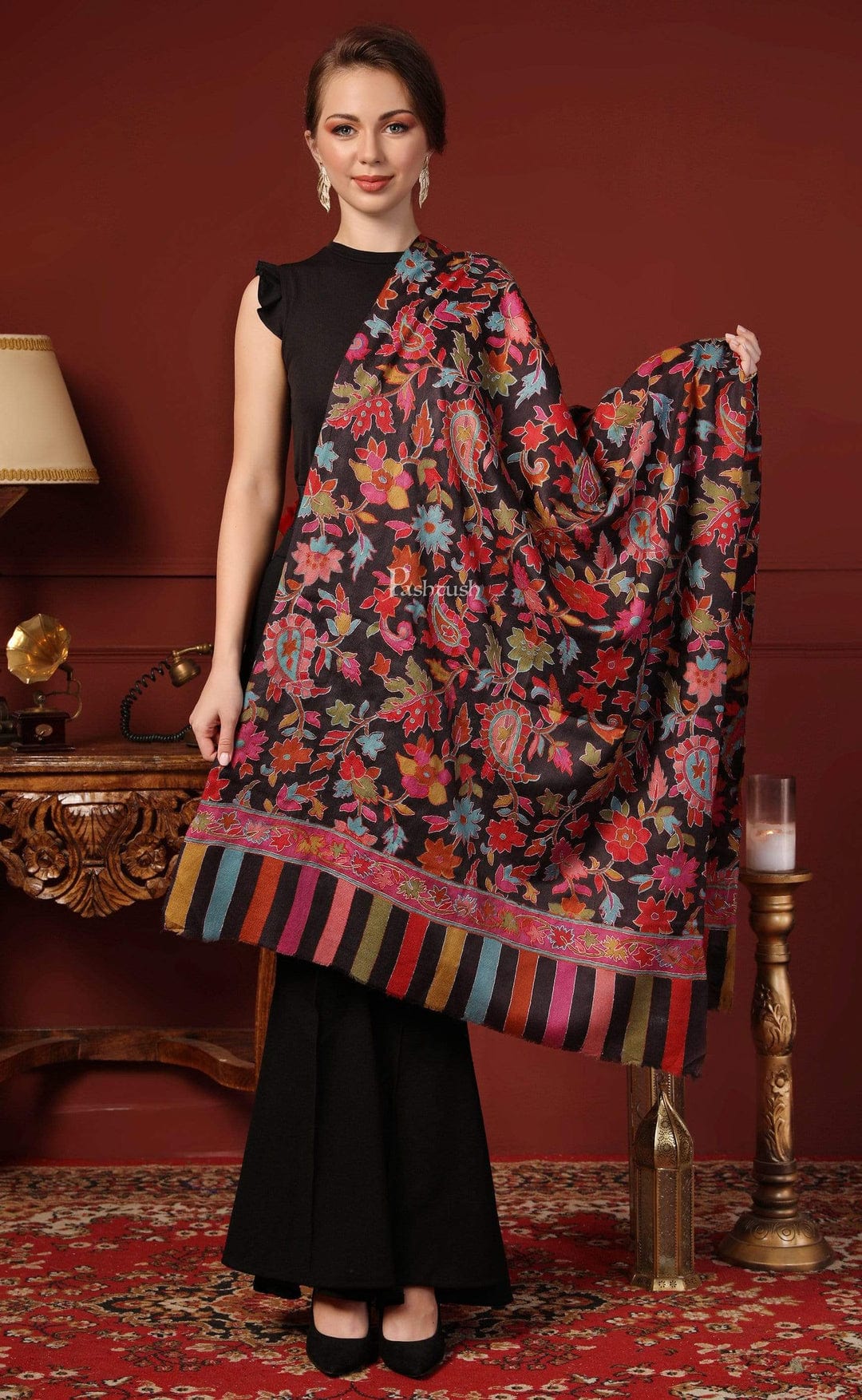 Pashtush India Gift Pack Pashtush His And Her Set Of Mens Fine Wool Stole and Womens Hand Embroided Kalamkari Stole, Premium Gift Box Packaging, Black