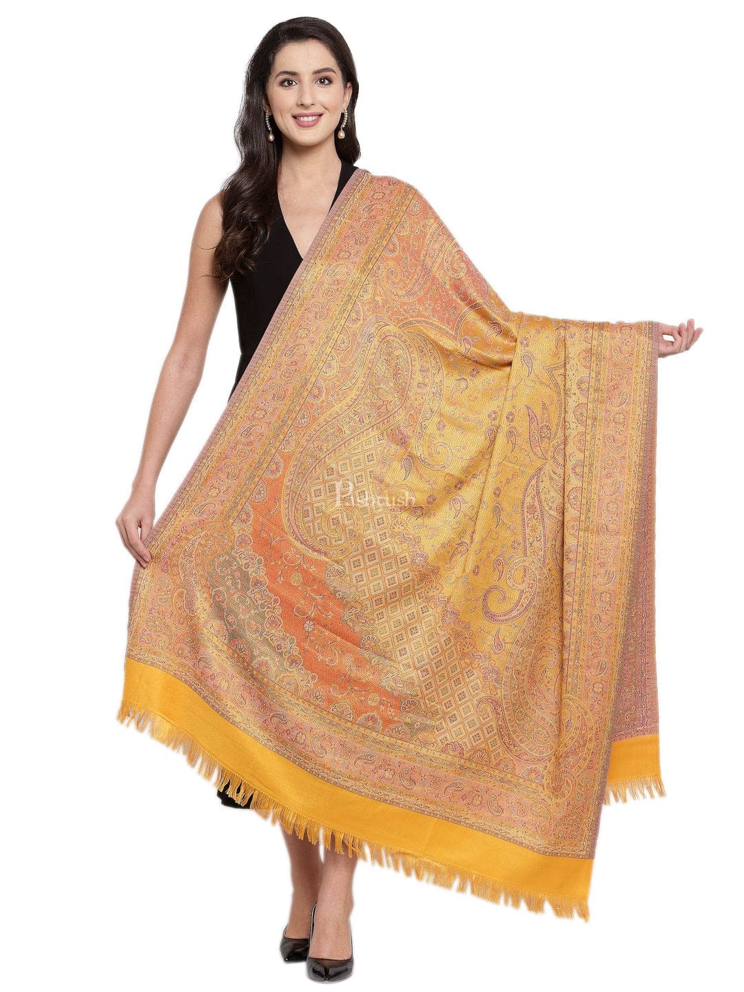 Pashtush India Gift Pack Pashtush His And Her Set Of Mens Fine Wool Stole and Womens Jamawar Shawl, Premium Gift Box Packaging, Maroon and Mustard