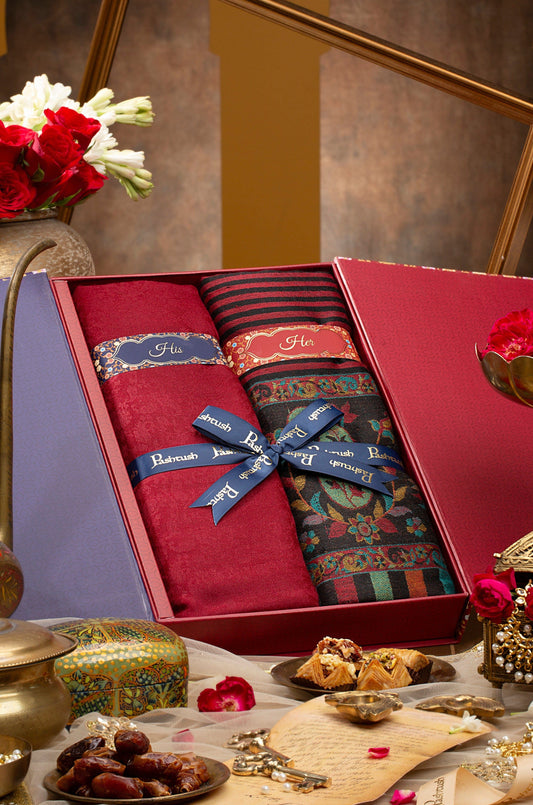 Pashtush India Gift Pack Pashtush His and Her Set of Mens Fine Wool Stole and Womens Self Shawl with Premium Gift Box Packaging, Sahara and Emerald Green
