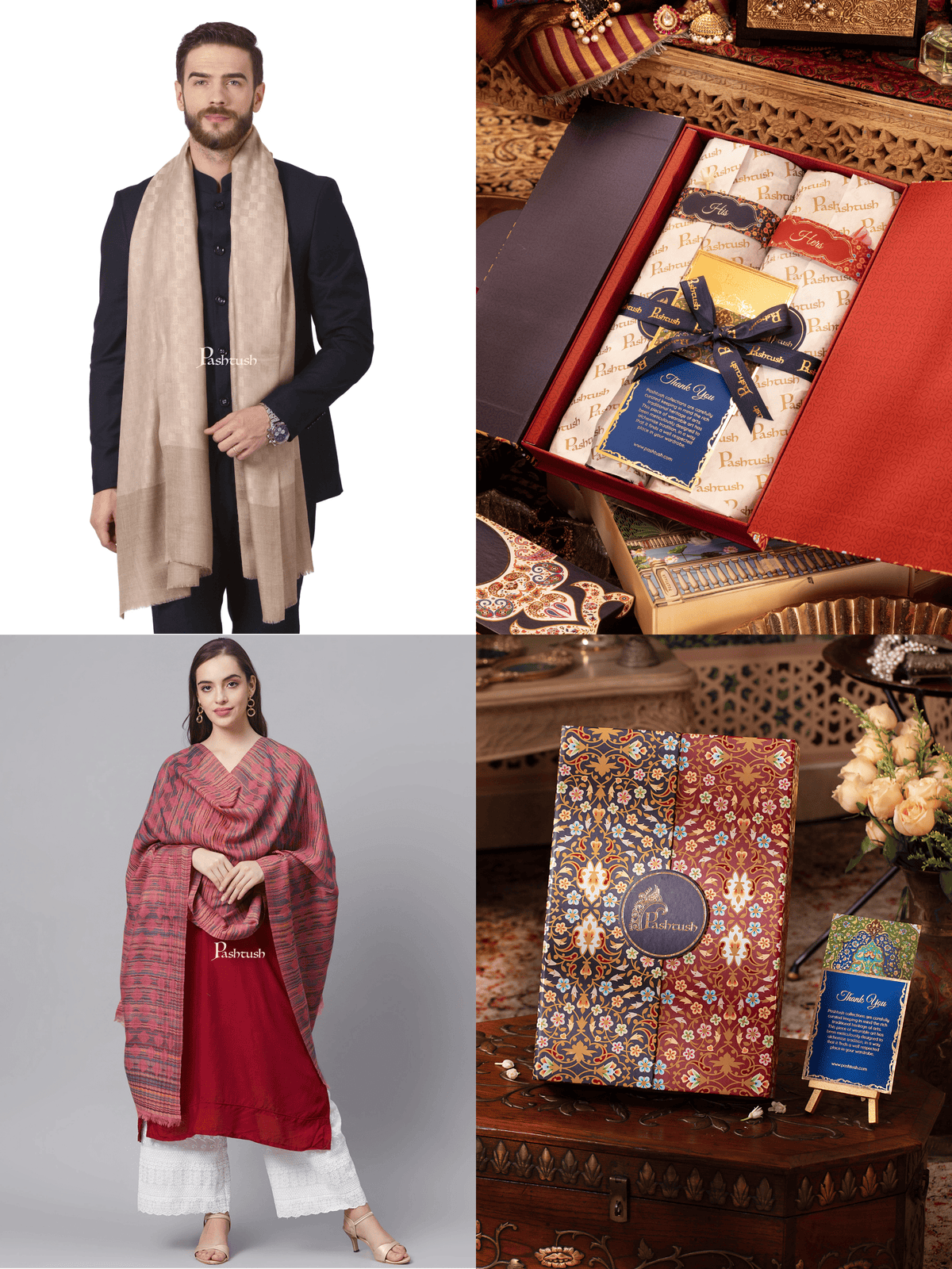 Pashtush India Gift Pack Pashtush His And Her Set Of Mens Fine Wool Stole and Womens Pure Wool Stole, Premium Gift Box Packaging, Beige and Multicoloured