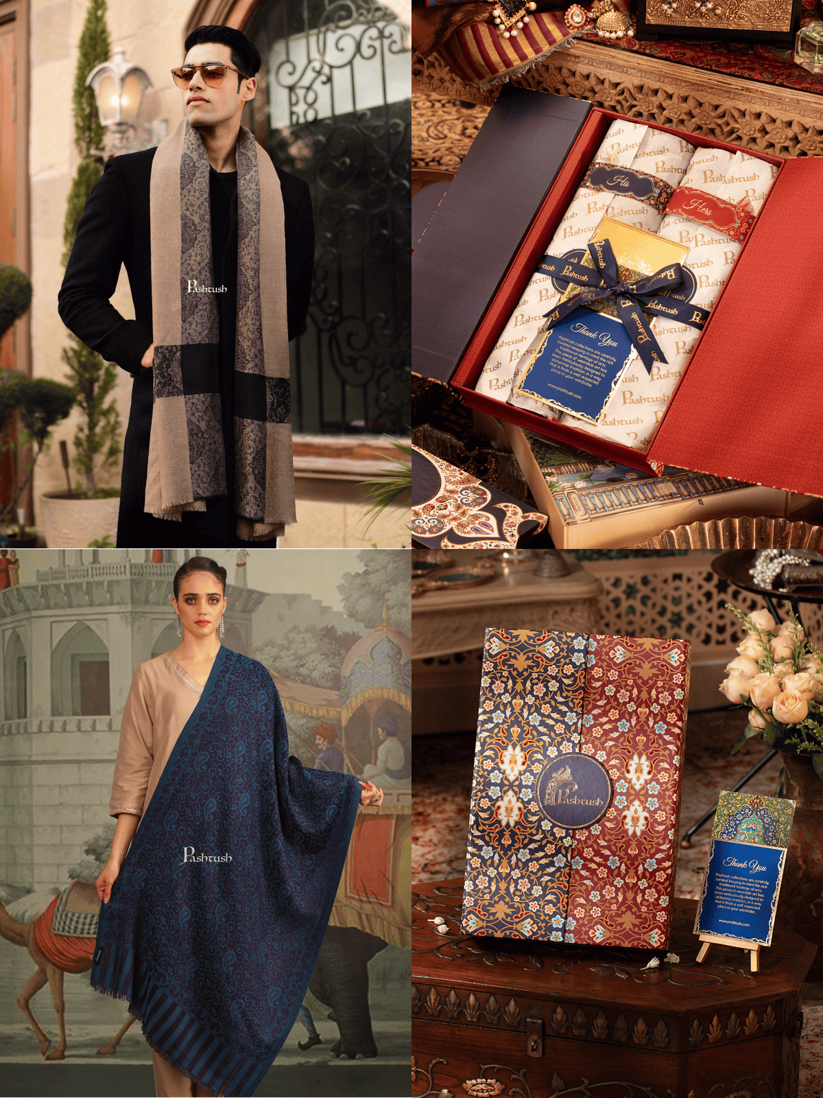 Pashtush India Gift Pack Pashtush His And Her Set Of Mens Fine Wool Stole and Womes Pure Wool Stole, Premium Gift Box Packaging, Beige and Blue