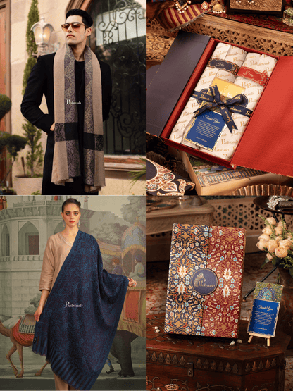 Pashtush India Gift Pack Pashtush His And Her Set Of Mens Fine Wool Stole and Womes Pure Wool Stole, Premium Gift Box Packaging, Beige and Blue