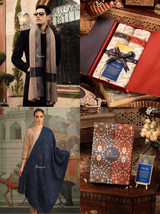 Pashtush India Gift Pack Pashtush His And Her Set Of Mens Fine Wool Stole and Womes Pure Wool Stole, Premium Gift Box Packaging, Beige and Blue