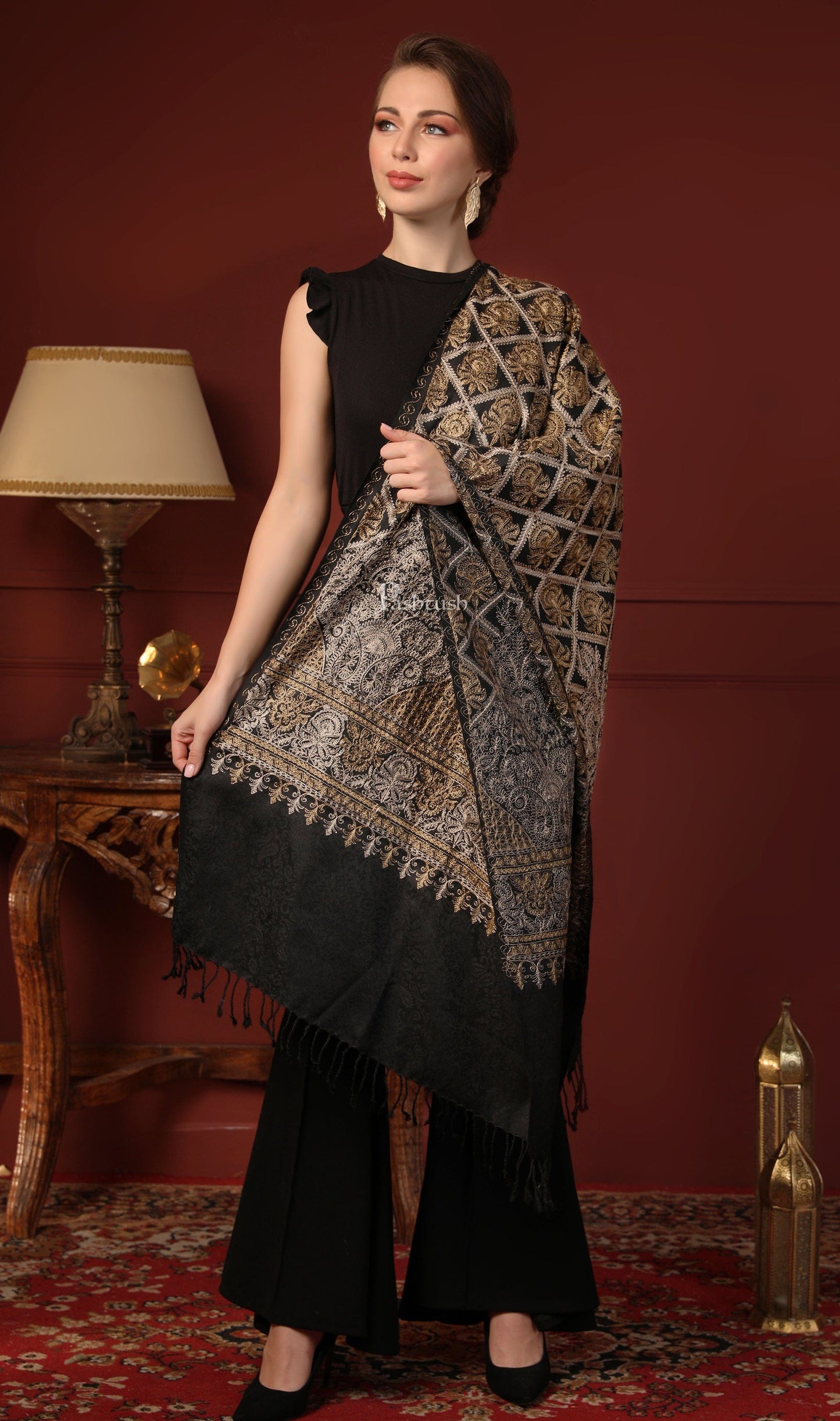 Pashtush India Gift Pack Pashtush His And Her Set Of Mens Fine Wool Stoles, Premium Gift Box Packaging, Beige and Black