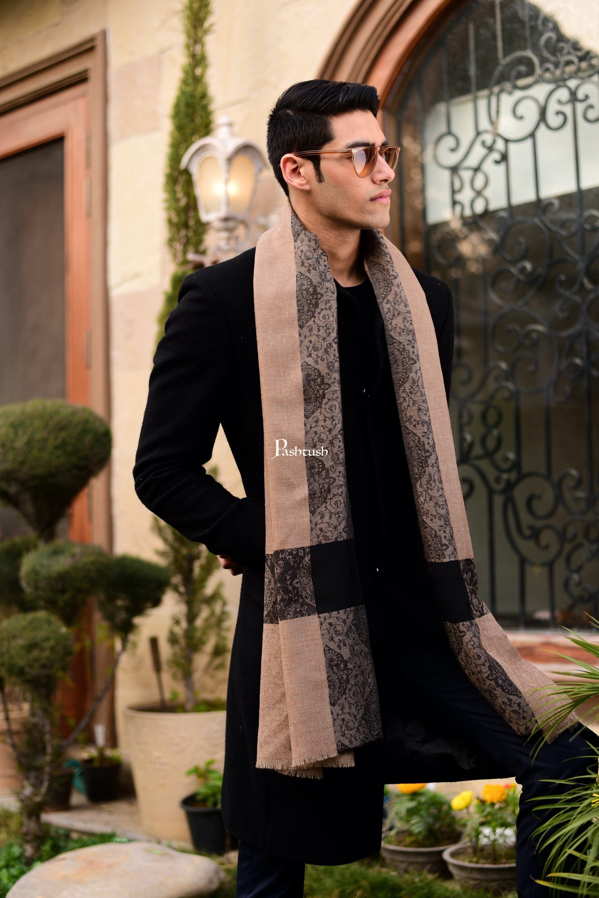 Pashtush India Gift Pack Pashtush His And Her Set Of Mens Fine Wool Stoles, Premium Gift Box Packaging, Beige and Black