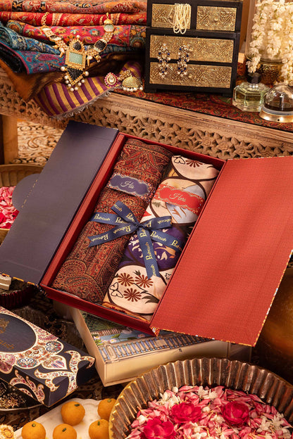 Pashtush India Gift Pack Pashtush His And Her Set Of Mens Jamawar Stole and Womens Bamboo Stole, Premium Gift Box Packaging, Black and Multicolour