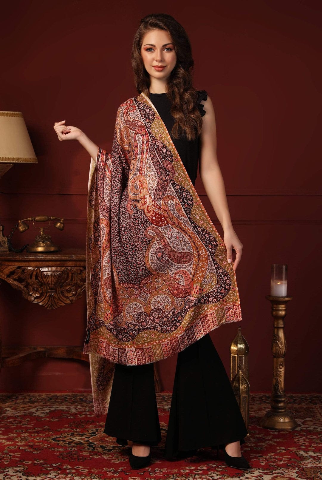 Pashtush India Gift Pack Pashtush His And Her Set Of Mens Jamawar Stole and Womens Bamboo Stole, Premium Gift Box Packaging, Black and Multicolour