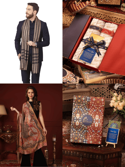 Pashtush India Gift Pack Pashtush His And Her Set Of Mens Jamawar Stole and Womens Bamboo Stole, Premium Gift Box Packaging, Black and Multicolour