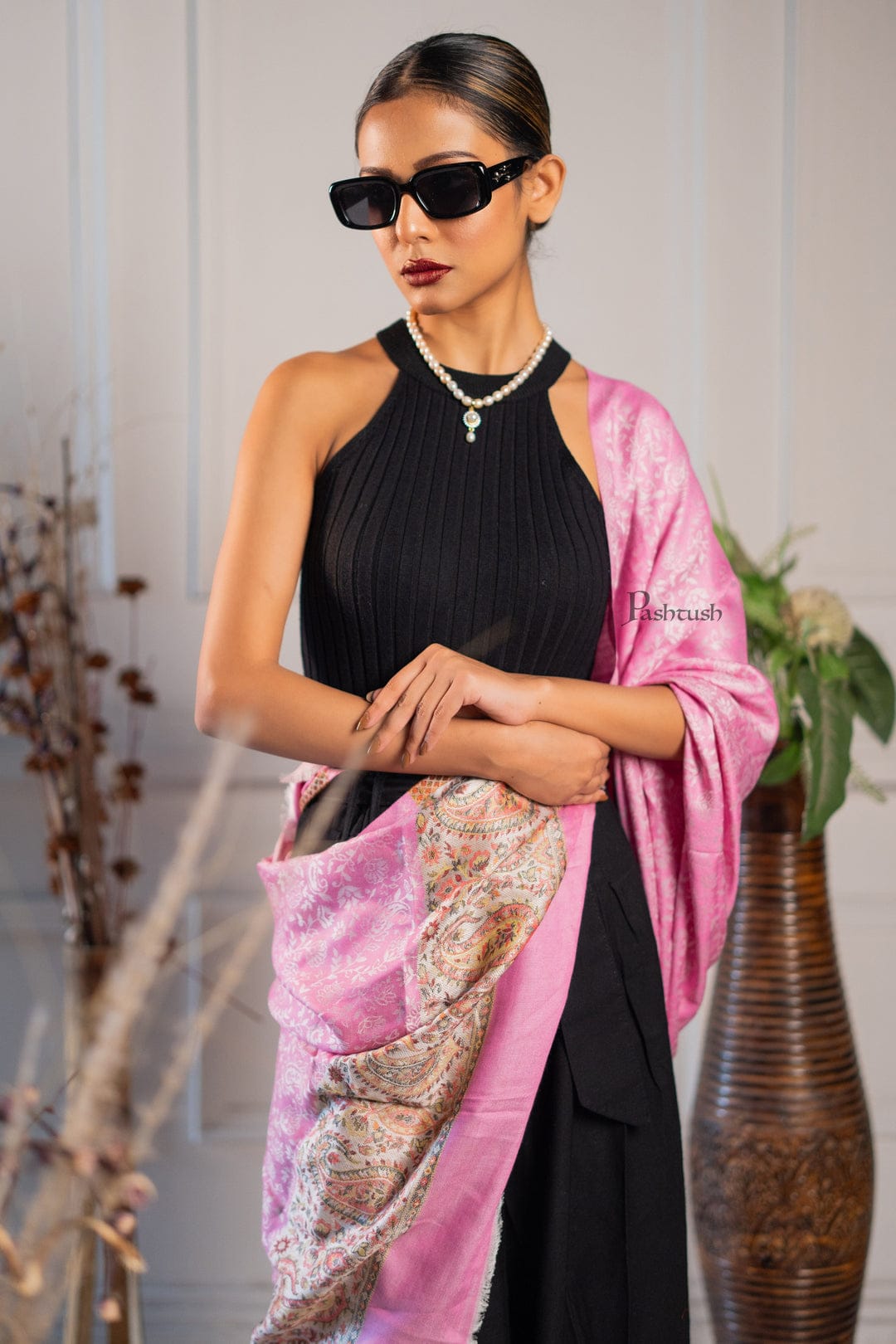 Pashtush India Gift Pack Pashtush His And Her Set Of Mens Jamawar Stole and Womens Bamboo Stole, Premium Gift Box Packaging, Blue and Pink