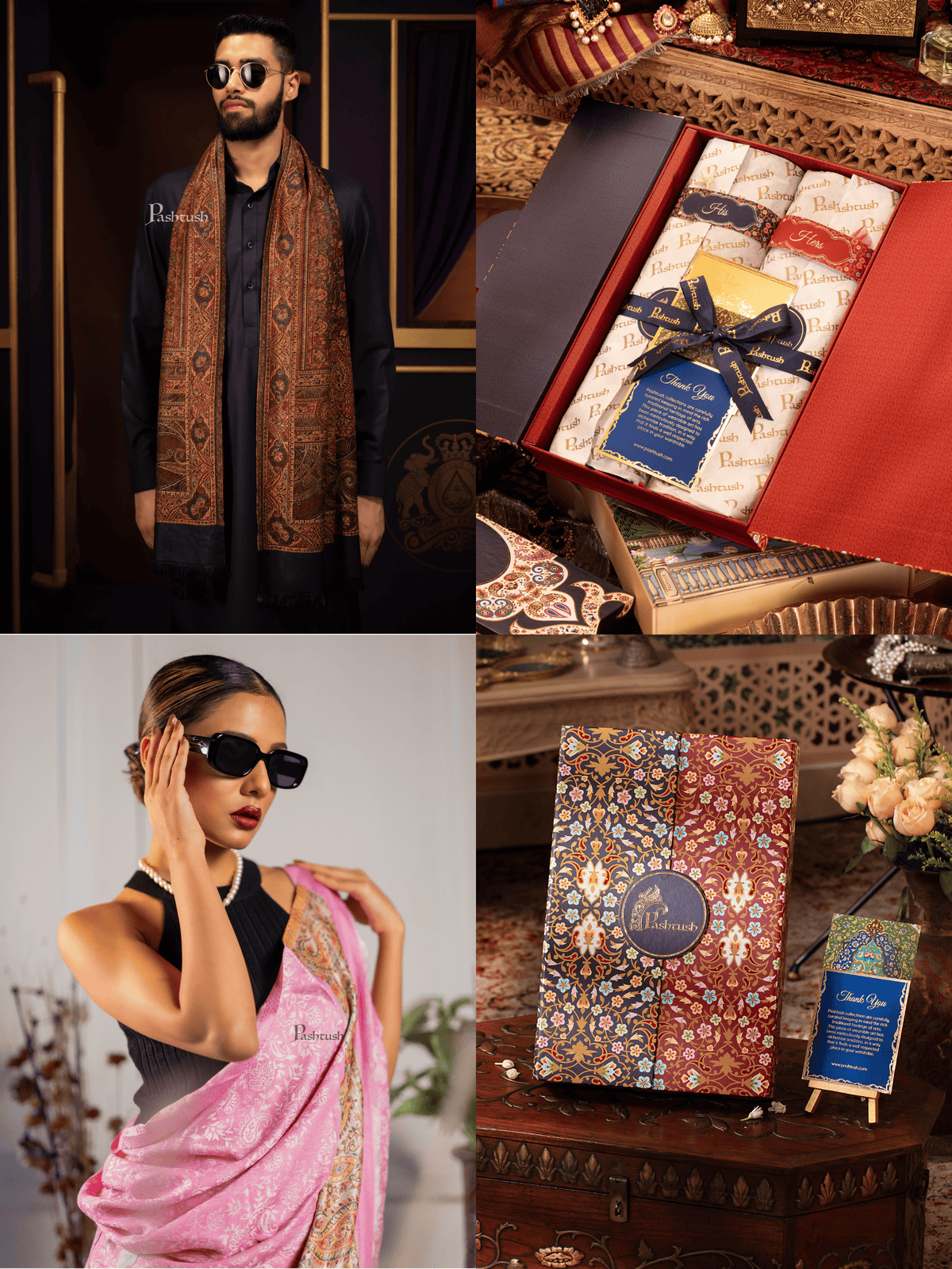 Pashtush India Gift Pack Pashtush His And Her Set Of Mens Jamawar Stole and Womens Bamboo Stole, Premium Gift Box Packaging, Blue and Pink