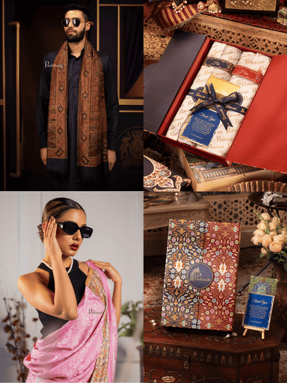 Pashtush India Gift Pack Pashtush His And Her Set Of Mens Jamawar Stole and Womens Bamboo Stole, Premium Gift Box Packaging, Blue and Pink