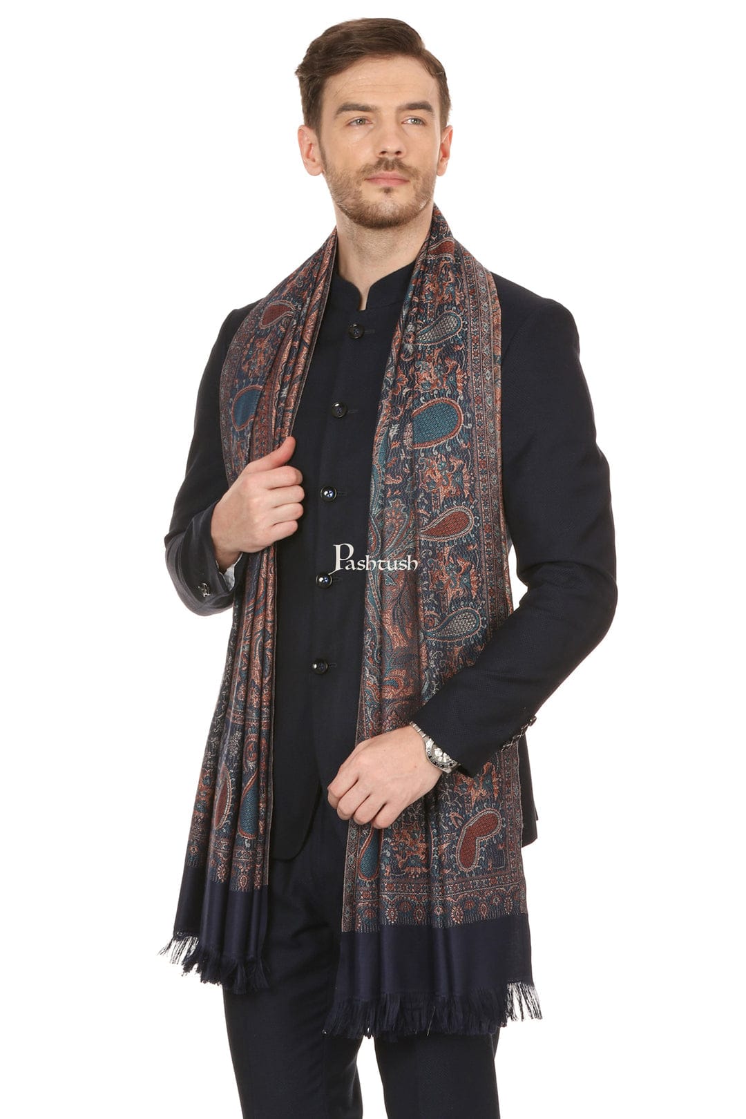 Pashtush India Gift Pack Pashtush His And Her Set Of Mens Jamawar Stole and Womens Bamboo Stole, Premium Gift Box Packaging, Navy Blue and Multicolour