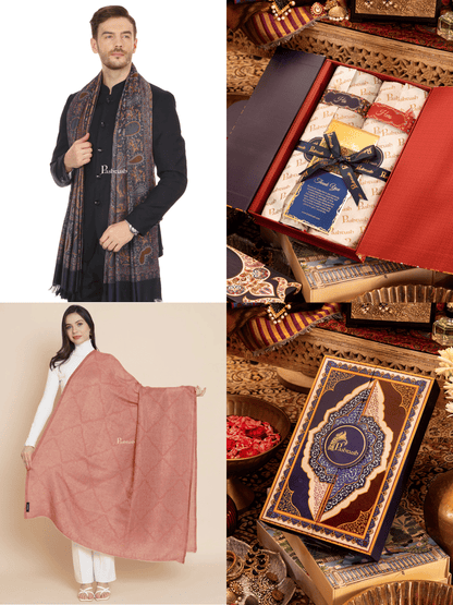 Pashtush India Gift Pack Pashtush His And Her Set Of Mens Jamawar Stole and Womens Extra Fine Wool Shawl, Premium Gift Box Packaging, Navy Blue and Rose
