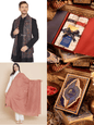 Pashtush India Gift Pack Pashtush His And Her Set Of Mens Jamawar Stole and Womens Extra Fine Wool Shawl, Premium Gift Box Packaging, Navy Blue and Rose