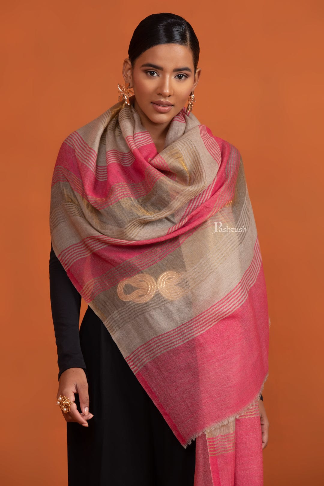 Pashtush India Gift Pack Pashtush His And Her Set Of Mens Jamawar Stole and Womens Extra Fine Wool Stole, Premium Gift Box Packaging, Ivory and Pink