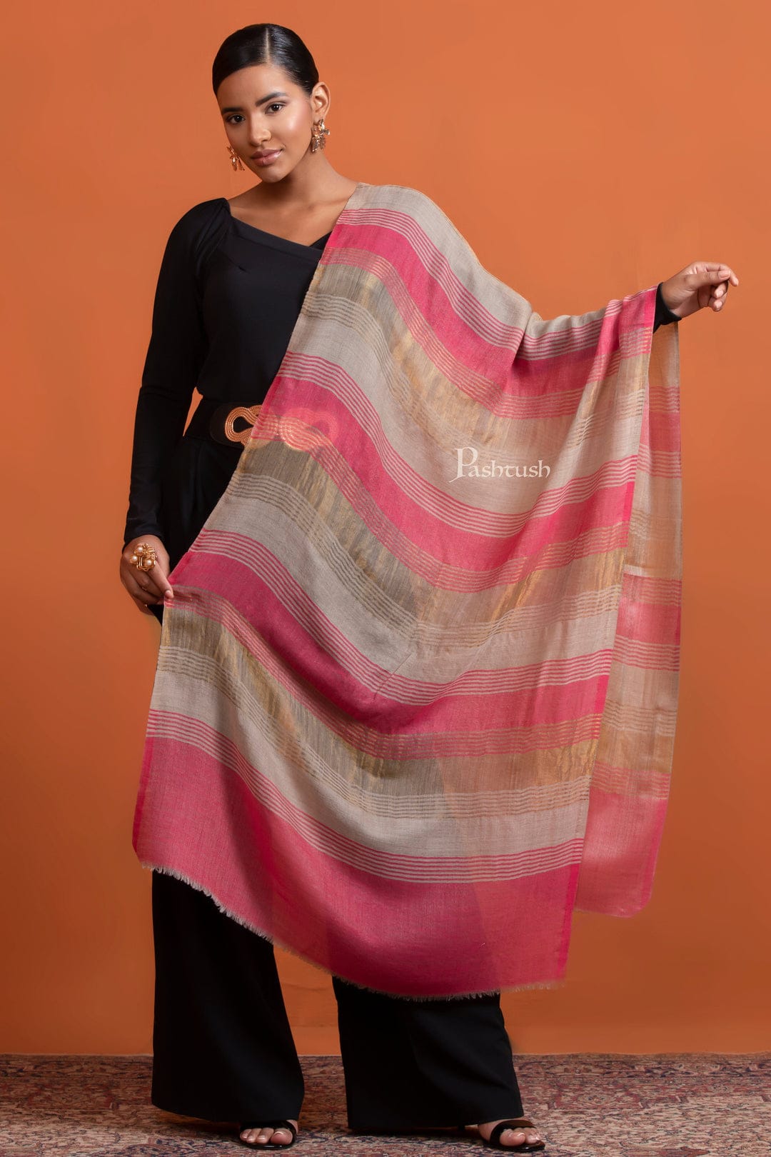 Pashtush India Gift Pack Pashtush His And Her Set Of Mens Jamawar Stole and Womens Extra Fine Wool Stole, Premium Gift Box Packaging, Ivory and Pink