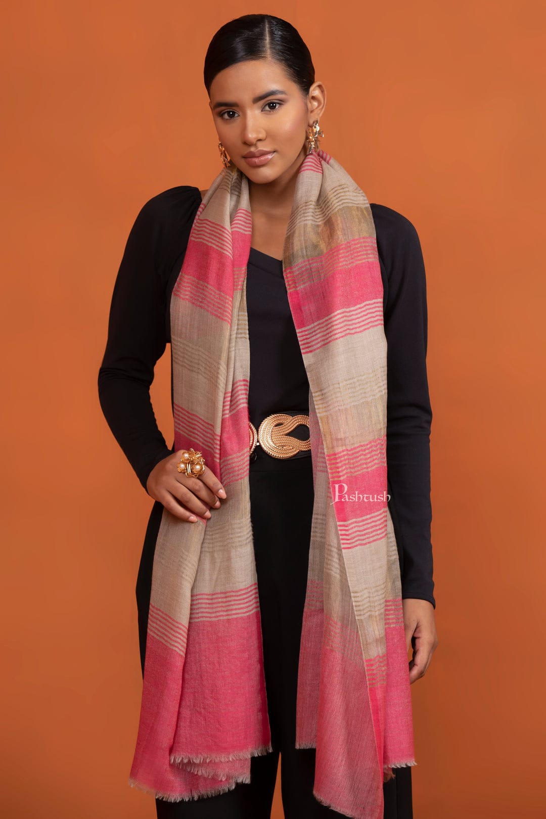 Pashtush India Gift Pack Pashtush His And Her Set Of Mens Jamawar Stole and Womens Extra Fine Wool Stole, Premium Gift Box Packaging, Ivory and Pink